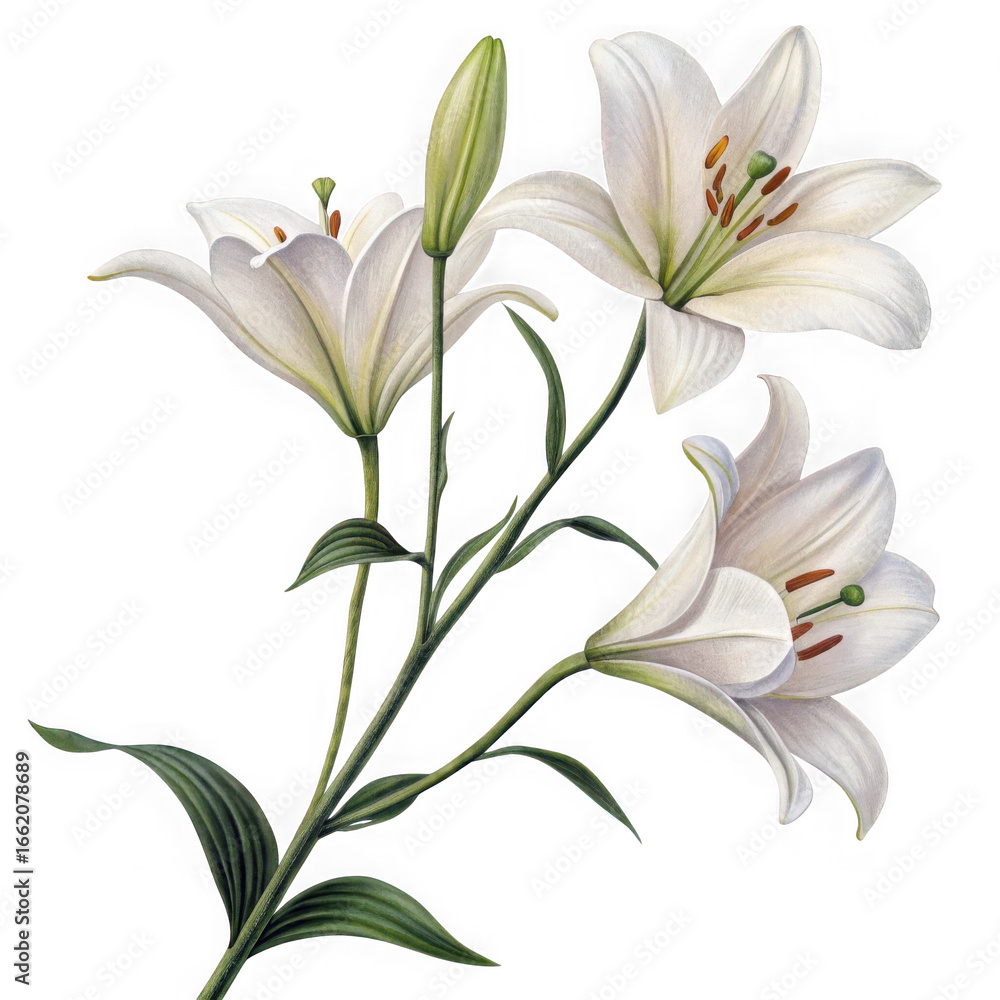 Fototapeta premium Elegant white lilies with green stems and leaves isolated on transparent background