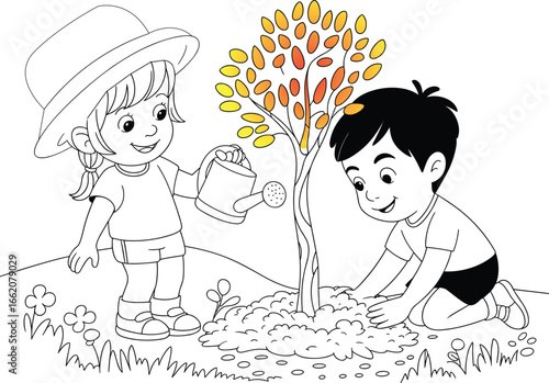 Boy and girl planting a tree and watering it. This illustration promotes environmental care, teaching children about nature, sustainability, and green initiatives.