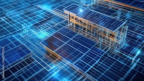Wallpaper Mural Blueprint of solar-powered factory roof with photovoltaic panels, wiring, and structural supports. White background. Torontodigital.ca