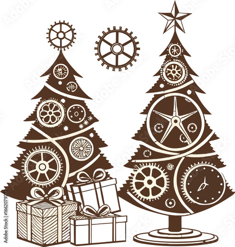 Steampunk Christmas trees with gears and gifts in brown and beige