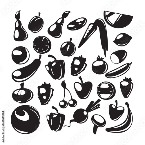 Fruits vegetables healthy nutrition fruity apple banana vectors silhouettes
