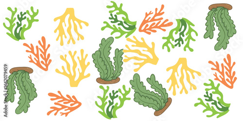 Colorful Cartoon Seaweed and Coral Reef Elements on White Background.