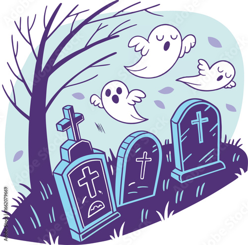 Halloween graveyard with flying ghosts and bare tree