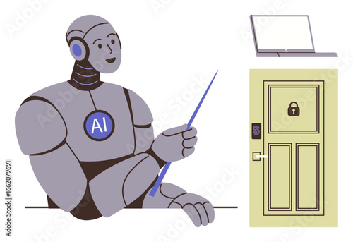 AI robot teaching with pointer next to locked door and laptop, presenting concepts of cybersecurity, data protection, artificial intelligence, online privacy, digital education, secure access, simple