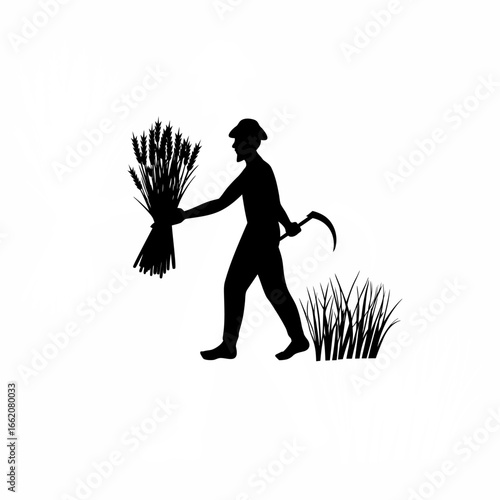 Farmer harvesting wheat, sickle in one hand, bundle of crops in the other silhouette on white background