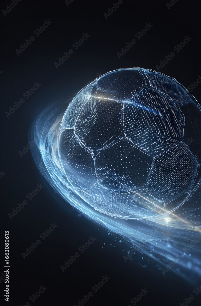 Naklejka premium A glowing, digitized soccer ball streaks across a dark background, leaving a luminous trail. Its polygonal form shimmers with internal light
