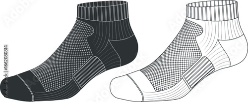 Monochrome technical illustration of unisex athletic ankle socks. Isolated vector template for apparel and sportswear design with detailed knit textures.