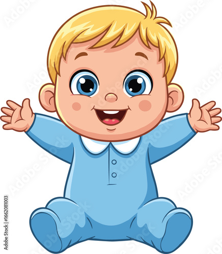 Cute Cartoon Baby Boy Sitting and Smiling with Arms Open Wide in a Blue Onesie, Adorable Child Illustration for Various Uses