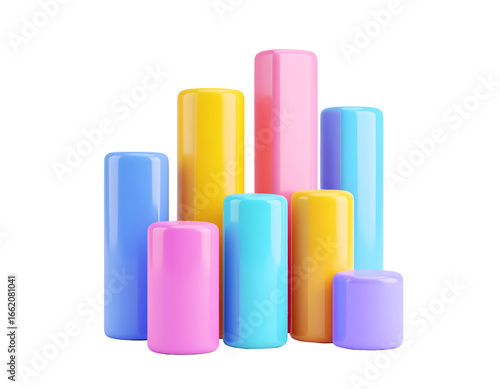 Colorful cylinders of varying heights create a vibrant and dynamic visual, suggesting growth, statistics, or a playful abstract composition.