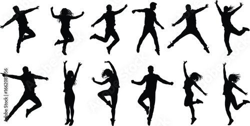 Jumping and dancing human silhouettes in mid-air poses, black vector illustration for movement, energy, exercise, animation, and lifestyle themes