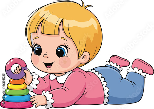 Charming cartoon baby happily playing with a colorful stacking toy, fostering early development and motor skills, a delightful illustration capturing innocent childhood joy.