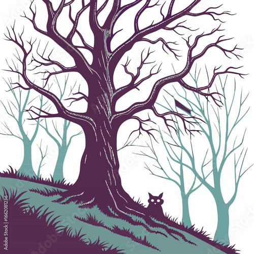 Wallpaper Mural Spooky forest with large tree cat and bird woods trees Torontodigital.ca