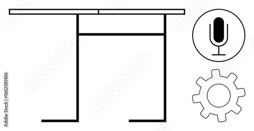 Minimalist table with microphone icon and gear illustration, conveying themes of workspace, recording, customization, productivity, modern design, content creation, and a simple landing page