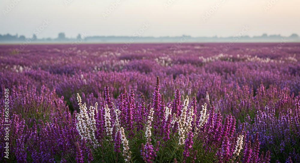 Obraz premium Vibrant purple flower field at dawn with soft fog creating a serene, natural landscape.