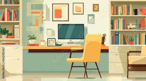 Bright, sunny home office scene with a computer and bookshelves filled with colorful books