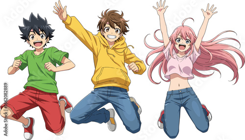 Joyful Anime Characters Leaping with Excitement A Vibrant Illustration