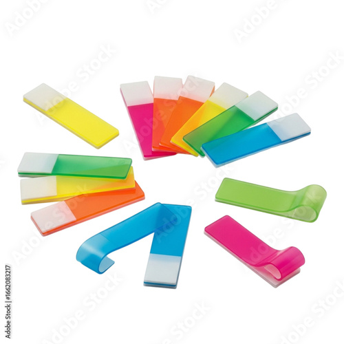 Colorful adhesive page markers scattered abstractly for organization and note taking aids transparent background