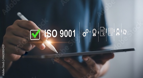 ISO 9001 Certification Business Standards & Quality Management on Tablet for Efficiency, Compliance, and Customer Satisfaction