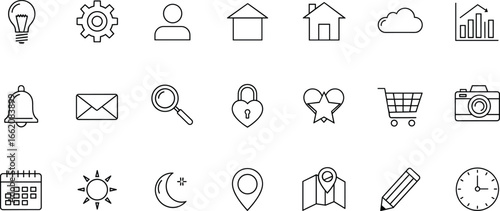 User interface outline icon pack, minimalist symbols for settings, home, profile, search, notifications, email, shopping, map, calendar, time