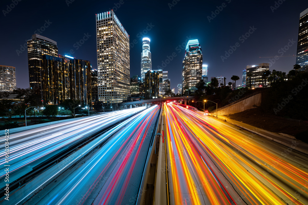 Fototapeta premium Close up, A neon city skyline with light trails of cars at night