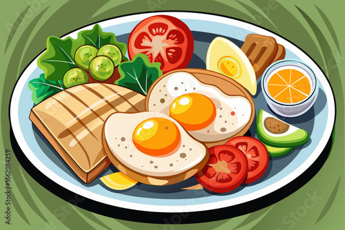 vector of Homemade breakfast plate with fried eggs, bread slices and vegetables