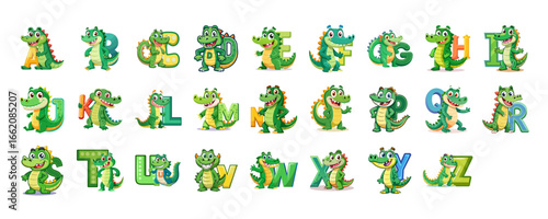 Playful Alligator Alphabet A-Z Set, Cute Cartoon Characters for Kids, Educational Learning, Children’s Book Illustration, Fun ABC Learning Vector