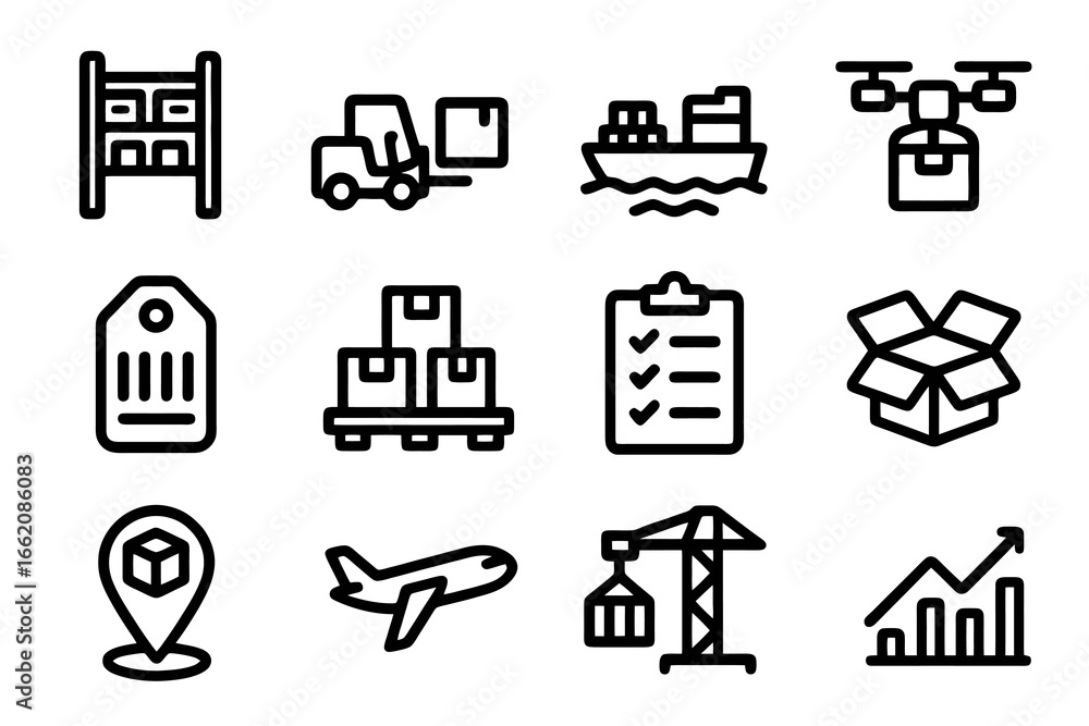 Black flat vector icons of warehouse and logistics including forklift, pallets, cargo ship and inventory. Great for supply chain, delivery and stock management. Black flat vector icons of warehouse and logistics including forklift, pallets, cargo ship and inventory. Great for supply chain, delivery and stock management.