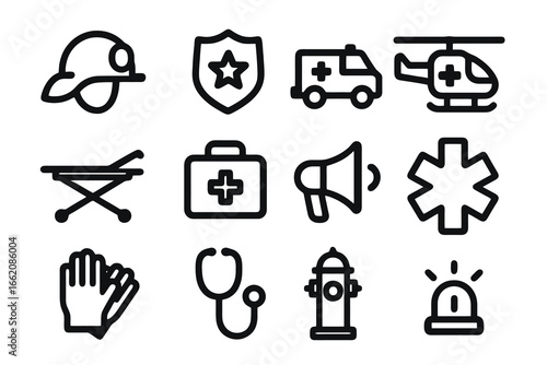 Black flat vector icons of emergency response including police, firefighter, ambulance, stretcher and first aid. Perfect for safety, healthcare and rescue services.
