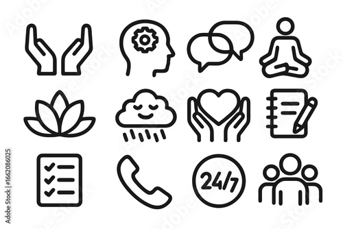 Flat vector icons of therapy and counseling including support hands, brain, checklist, hotline and meditation. Perfect for mental health, wellness and psychology apps.
