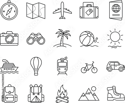 Travel and vacation icons set, outline symbols for adventure, journey, tourism, airplane, luggage, passport, beach, camping, hiking, outdoor, holiday