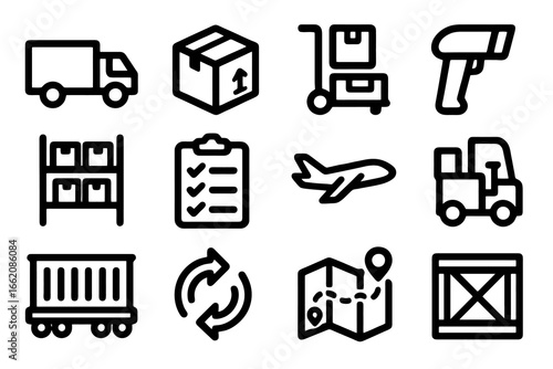 Flat vector icons of storage and transport including cargo truck, train, airplane, pallet jack and scanner. Perfect for warehouse, logistics and supply chain apps.