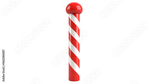 A whimsical red and white striped pole stands tall, topped with a vibrant red sphere, evoking a sense of festive cheer and playful design.