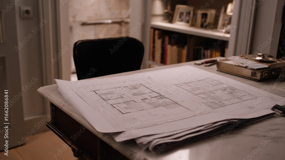 Fototapeta premium Architectural plans and workspace setup for creative design projects