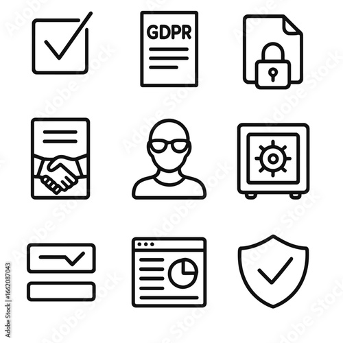 Data Privacy Icons. Line style icons of privacy and data collection ethics: consent checkbox, GDPR document icon, lock on file,