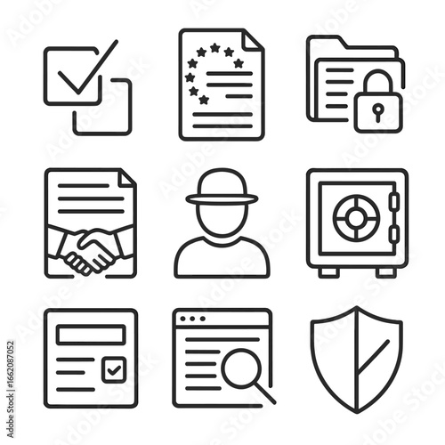 Data Privacy Icons. Line style icons of privacy and data collection ethics: consent checkbox, GDPR document icon, lock on file,