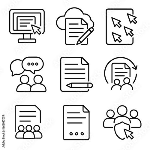 Collaborative Data Input Icons. Line style icons of collaborative data input: shared screen input icon, cloud document editing,