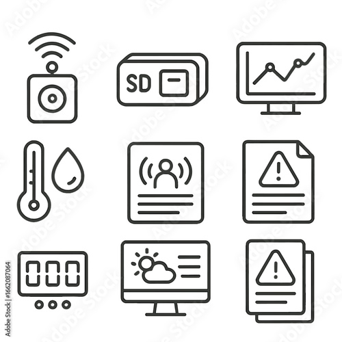 IoT Sensor Icons. Line style icons of automated and sensor data logging: IoT sensor icon, data logger device, graph from sensor
