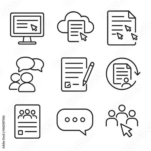 Collaborative Data Input Icons. Line style icons of collaborative data input: shared screen input icon, cloud document editing,