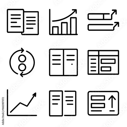 Data Comparison Icons. Line style icons of comparative data collection: side-by-side report icon, before-and-after chart, dual