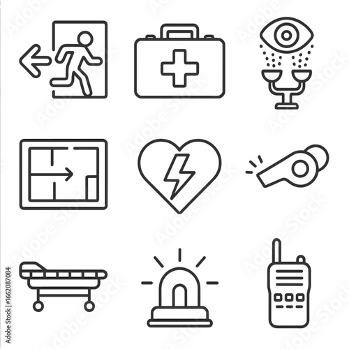 Emergency Tools Icons. Line style icons of emergency response tools: emergency exit sign, first aid kit box, emergency eyewash