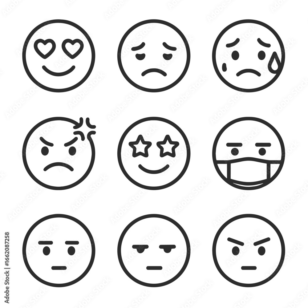 Emotional Face Icons. Line style icons of emotional face symbols: love face with hearts, disappointed face, embarrassed face with Emotional Face Icons. Line style icons of emotional face symbols: love face with hearts, disappointed face, embarrassed face with