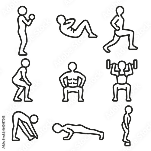 Body Muscle Exercise Icons. Line style icons of body part muscle focus: biceps curl icon, abs crunch symbol, glutes squat pose,