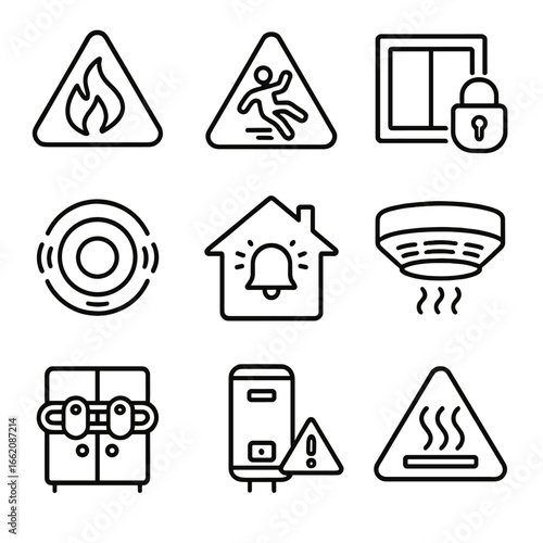 Home Safety Icons. Line style icons of home safety warnings: gas leak alert, slippery floor icon, secure window lock symbol,