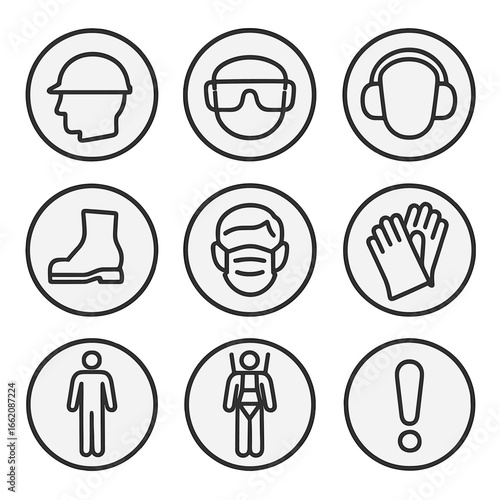 PPE Safety Icons. Line style icons of personal protective equipment signs: helmet required icon, eye protection symbol, ear