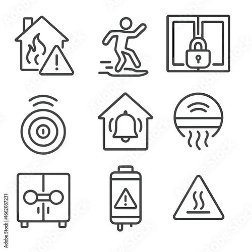 Home Safety Icons. Line style icons of home safety warnings: gas leak alert, slippery floor icon, secure window lock symbol,