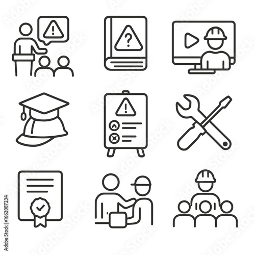 Safety Education Icons. Line style icons of training and safety education symbols: safety briefing icon, handbook with warning