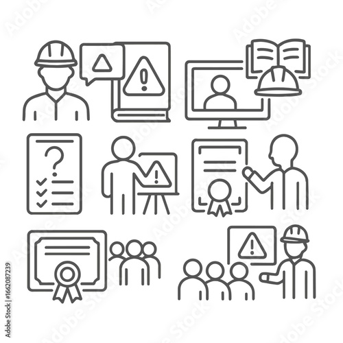 Safety Education Icons. Line style icons of training and safety education symbols: safety briefing icon, handbook with warning