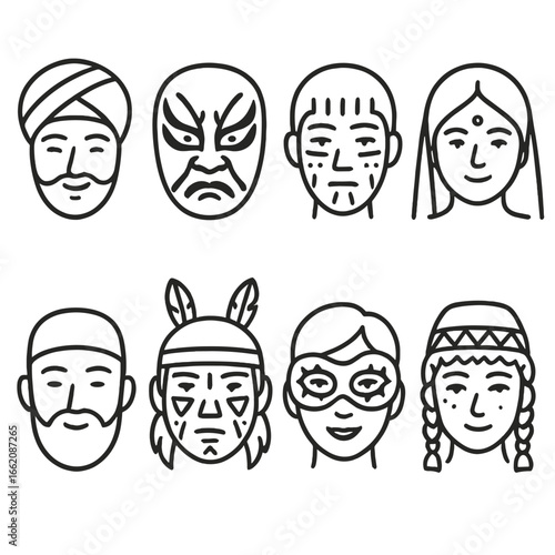 Cultural Face Icons. Line style icons of cultural and traditional face styles: face with turban, Japanese kabuki mask, tribal
