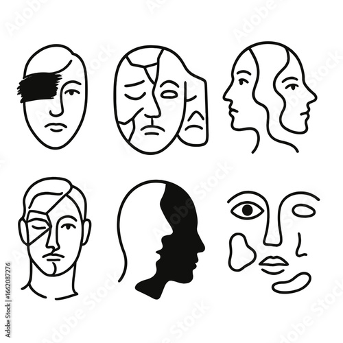 Abstract Face Icons. Line style icons of artistic portrait faces: face with painterly brushstroke, broken glass effect, abstract