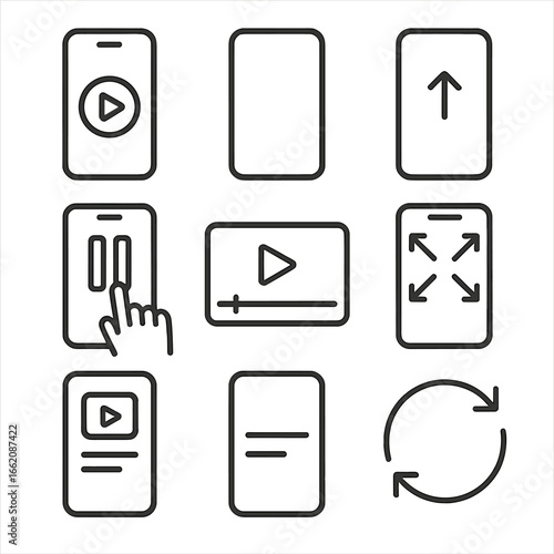 Mobile Interface Icons. Line style icons of mobile-first multimedia interfaces: mobile screen with play icon, vertical video frame
